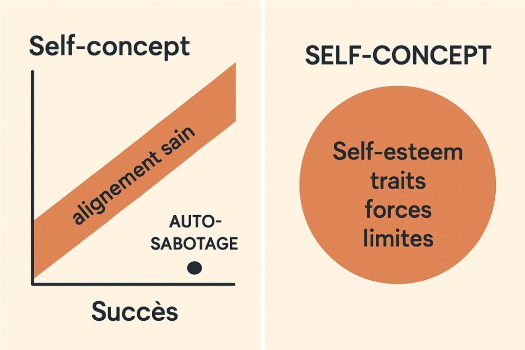 Schéma du Self-concept : alignement sain entre succès et Self-concept, auto-sabotage quand le succès dépasse le Self-concept ; le Self-concept inclut Self-esteem, traits, forces et limites